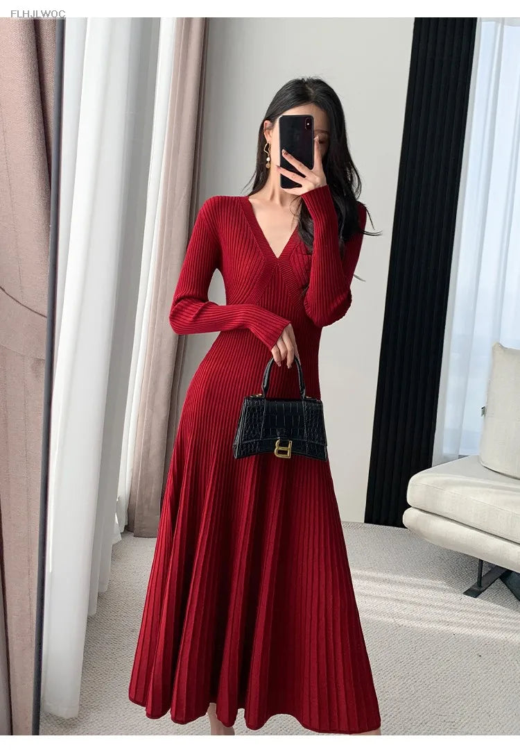 Inverno primavera abbigliamento di base donna capodanno rosso stile francese Design Slim Fit una linea scollo A V maglione lavorato A maglia abito lungo Maxi abiti