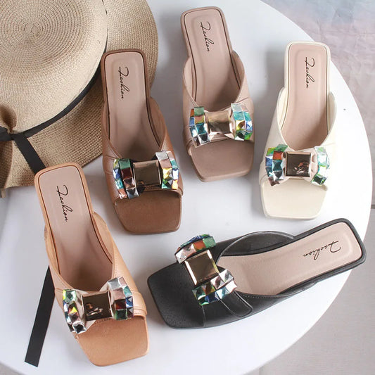 Ciabatte estive monopezzo, nuove sandali da spiaggia alla moda con strass a tinta unita, scarpe casual piatte da donna