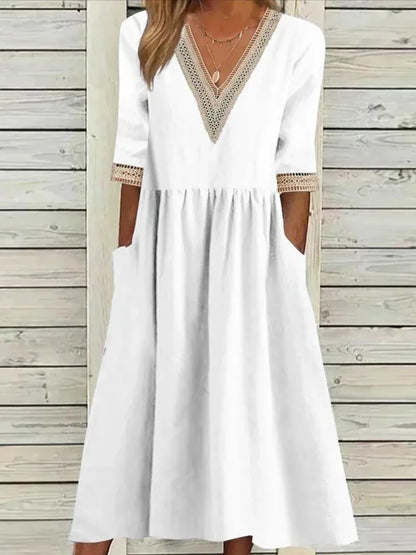 Abito Estivo da Donna 2026 Nuovo in Cotone e Lino a Mezza Manica con Scollo a V, Vestito Casual Chic Vintage con Inserti, Vestito Midi Ampio