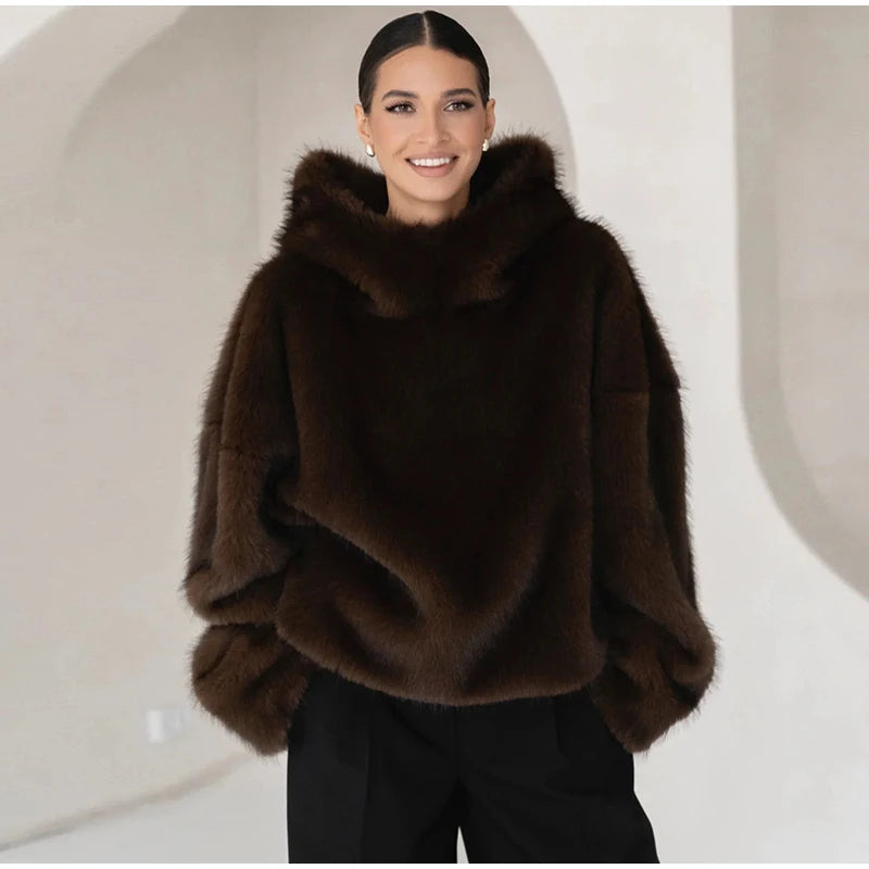 Cappotto da donna in pelliccia sintetica marrone con cappuccio Giacca da tasca a maniche lunghe di lusso oversize Lady 2025 Autunno Inverno Chic Street Capispalla
