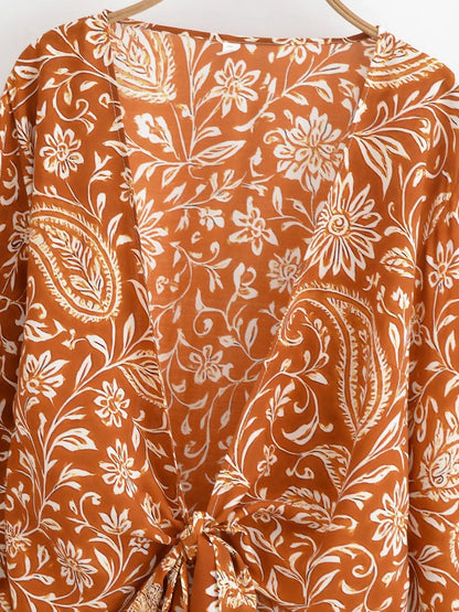 Boho Queens Donna Abiti con stampa floreale marrone Kimono Abito Abiti bohémien Pantaloni a gamba larga 2 pezzi Rayon Boho Set costume da bagno