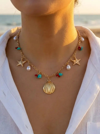 Collier coquillage pour femmes, design de mode, étoile de mer, perle, pendentifs multiples, chaîne clavicule, bijoux d'été
