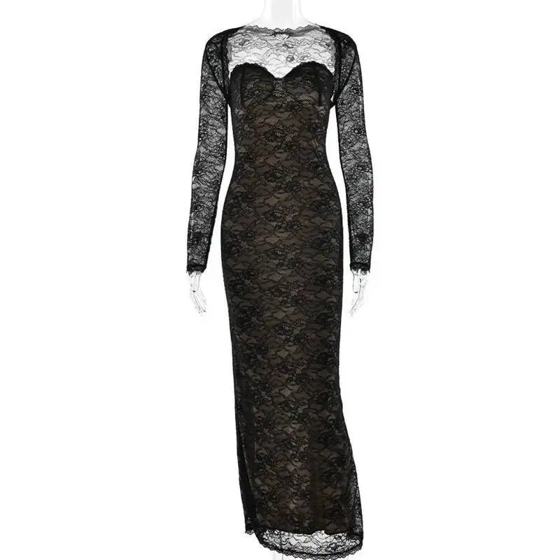 Townlike pizzo sottile aderente maxi abito lungo donna 2025 estate autunno inverno abito discoteca abiti da festa sexy con fodera a scialle