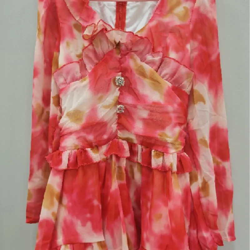 Abito Elegante Floreale da Donna a Trapezio con Pieghe, Mini Abito Sexy a Maniche Lunghe con Volant e Vita Stretta, Abiti da Sera per Vacanze e Street Style 2026