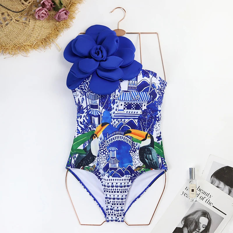 Costume da bagno floreale con stampa floreale con volant monospalla blu Set copricostume singolo micro monokini costumi da bagno sexy per ragazze Summer Beach