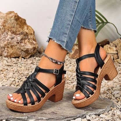 Cinturini in tessuto moda Sandali con tacco grosso Donna Estate Fibbia alla caviglia Scarpe con tacco alto Roma Donna Sandali con plateau open toe 36-42