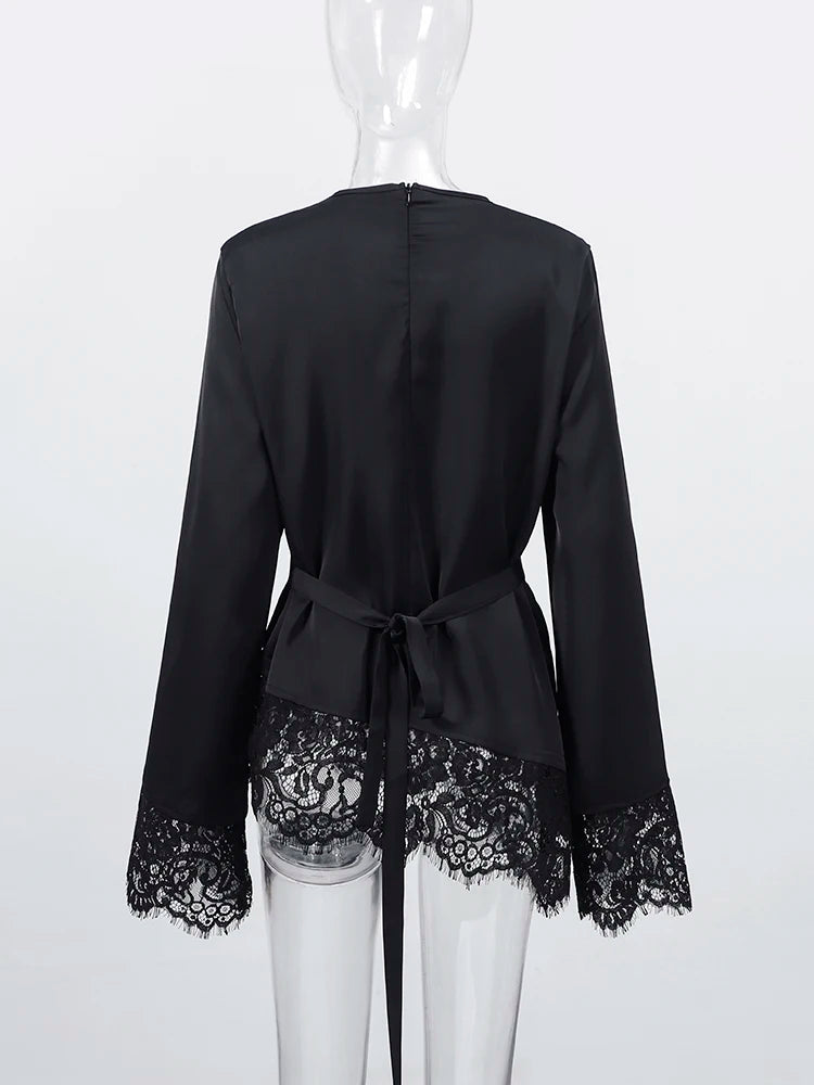 Top Casual con Inserti in Pizzo e Lacci, Pullover da Donna Slim con Cintura in Vita e Collo Tondo, Nuova Collezione Primavera 2026