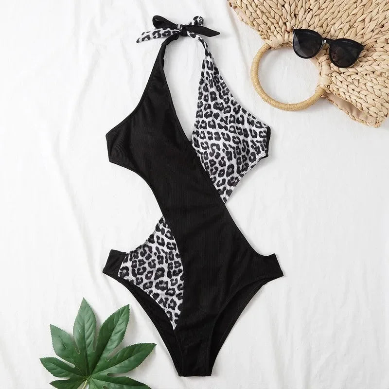 Sexy Leopard Print Color Block One Piece Swimsuit Women's Strap Backless Bodysuit Cross-Border Shipping Available