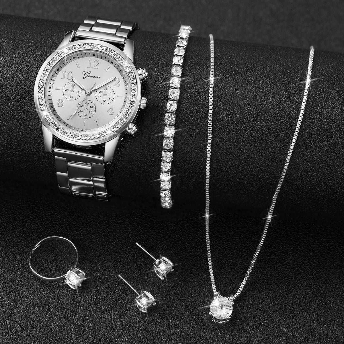 6 pezzi/set orologio da donna moda cinturino in acciaio argento orologi analogici al quarzo set di gioielli con diamanti (senza scatola)