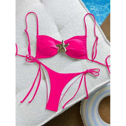 Costume da bagno bikini sexy a tinta unita, due pezzi, ad asciugatura rapida, senza schienale, in tessuto di nylon ad alta elasticità per nuoto e attività acquatiche.