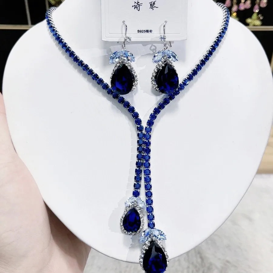 Ensemble Collier Boucles d'Oreilles de Luxe Gouttes Bleues Zircon Tendance Mode Féminine 2025