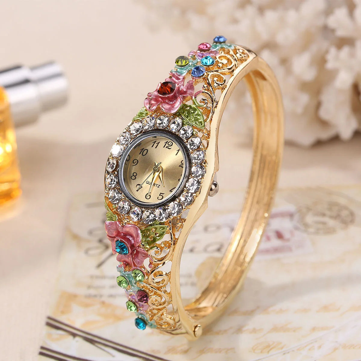 Orologi da donna Orologio al quarzo con strass in acciaio inossidabile Orologio da donna con fiore alla moda Bracciale vintage Elegante orologio da polso zegarek damski