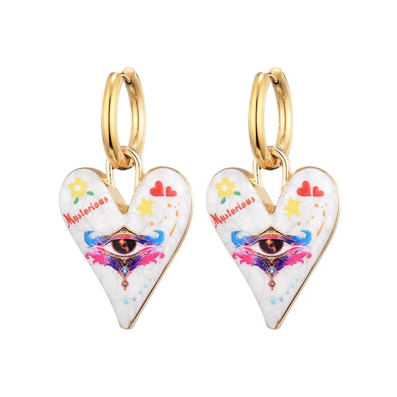 Nuovi orecchini a cerchio in acciaio inossidabile con occhio di cuore carino alla moda per le donne Gioielli femminili di amore con pendente color oro smaltato vintage colorato