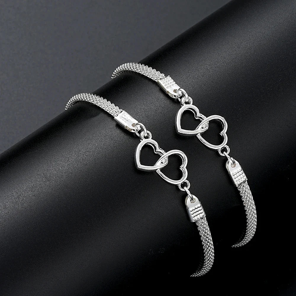Set da 2 pezzi Braccialetti per coppia con cuore d'amore per donna Uomo Regalo di gioielli per amante con bracciale a catena abbinato a doppio strato color argento