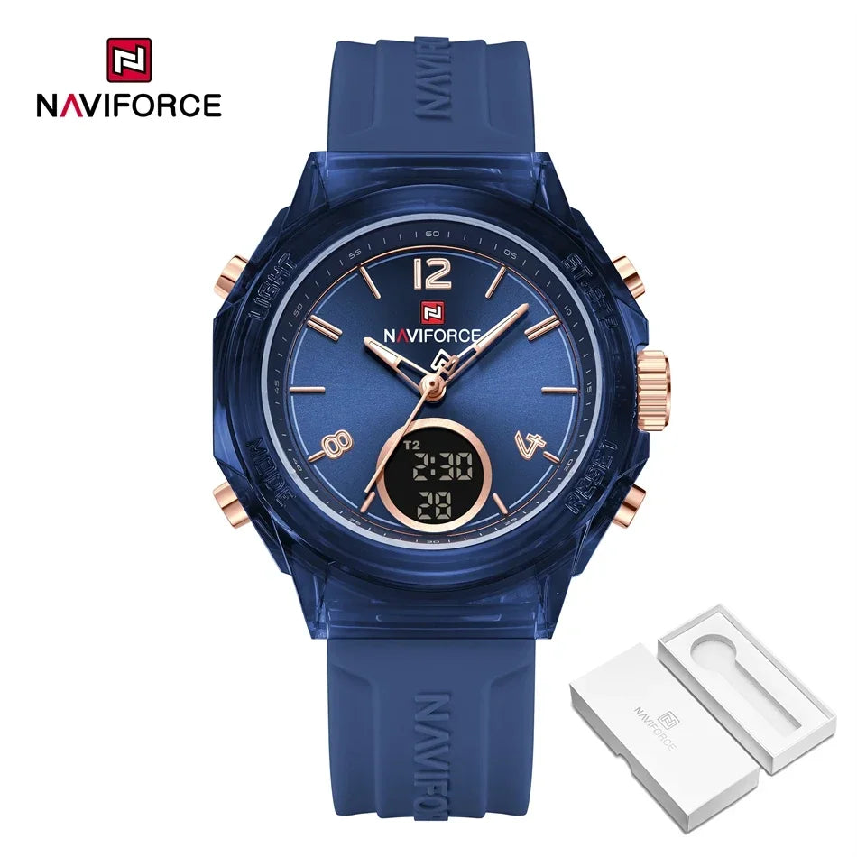 NAVIFORCE Orologio da donna di lusso Orologio sportivo all'aria aperta in oro Orologi impermeabili Doppio display dell'ora Orologi da polso al quarzo Orologio digitale in gomma