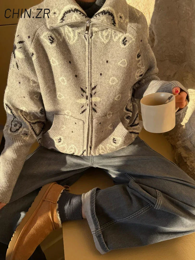 Street Knit Jacquard Colletto alla coreana Cardigan Cerniera Manica intera Maglione grigio femminile 2026 Primavera Lady Fashion Maglieria accogliente Nuovo