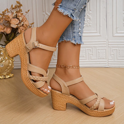 Sandales d'été à talons hauts pour femmes 2025 Sandales d'été à plateforme avec boucle à la cheville pour femmes Sandales gladiateur à talon carré en cuir PU pour femmes