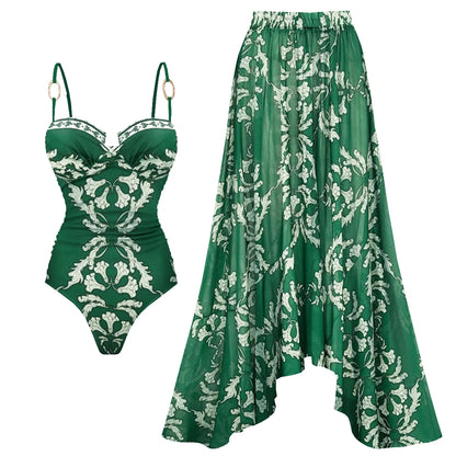 Push Up One Piece Swimsuit With Cover Up Sexy Swimwear Women 2025 Printed Swim Suits Female Bikinis Sliming Bodysuit Beachwear