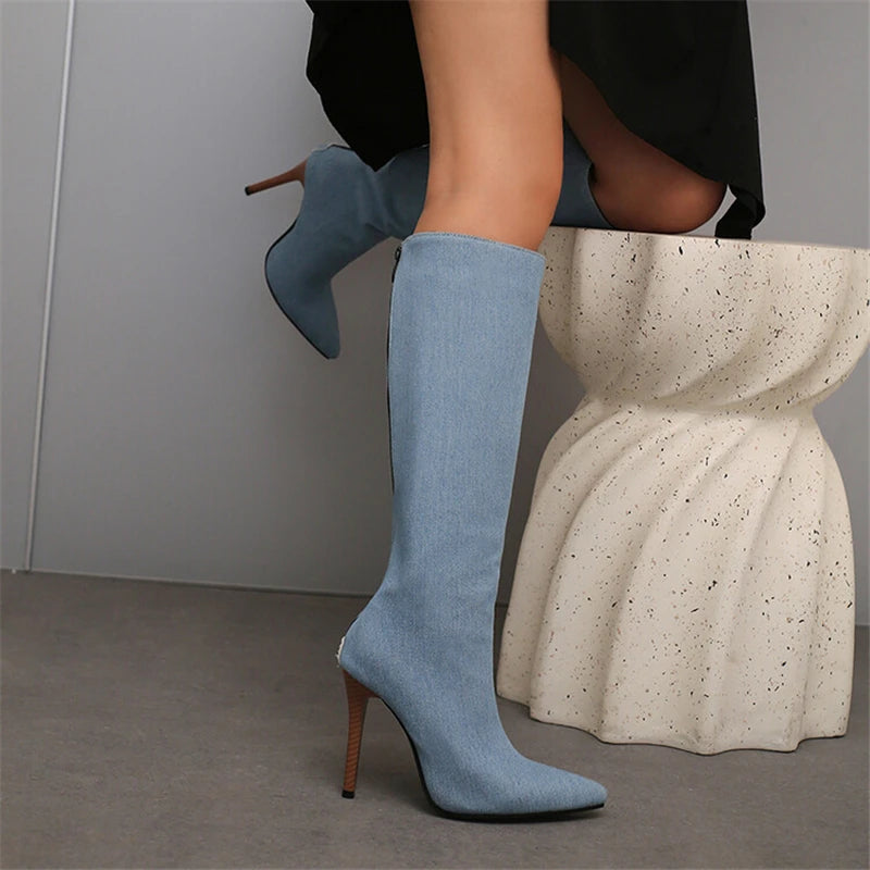 2025 White Snake Print Leather Knee High Boots Thin Heel Zipper Sexy Party Shoe Pointy Toe Thigh High Woman Long Boot Size 34-43