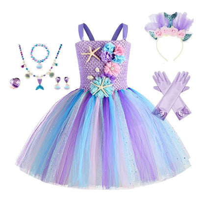 Abito tutù a sirena per ragazze sotto il mare Costumi di carnevale per feste di compleanno a tema con fascia per fiori Abiti per Halloween oceano 1-12 anni