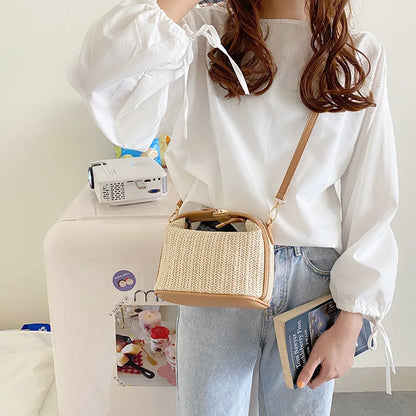 Yogodlns Borsa estiva piccola in paglia Borsa a tracolla alla moda Borsa a tracolla a secchiello intrecciata Borsa da spiaggia casual al mare Borsa con manico per ragazze