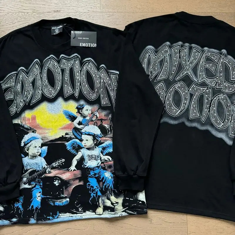 EMOTIONE MISTA T-shirt a maniche lunghe Uomo Donna High Street Stampa completa 100% cotone Girocollo Hip Hop Top oversize