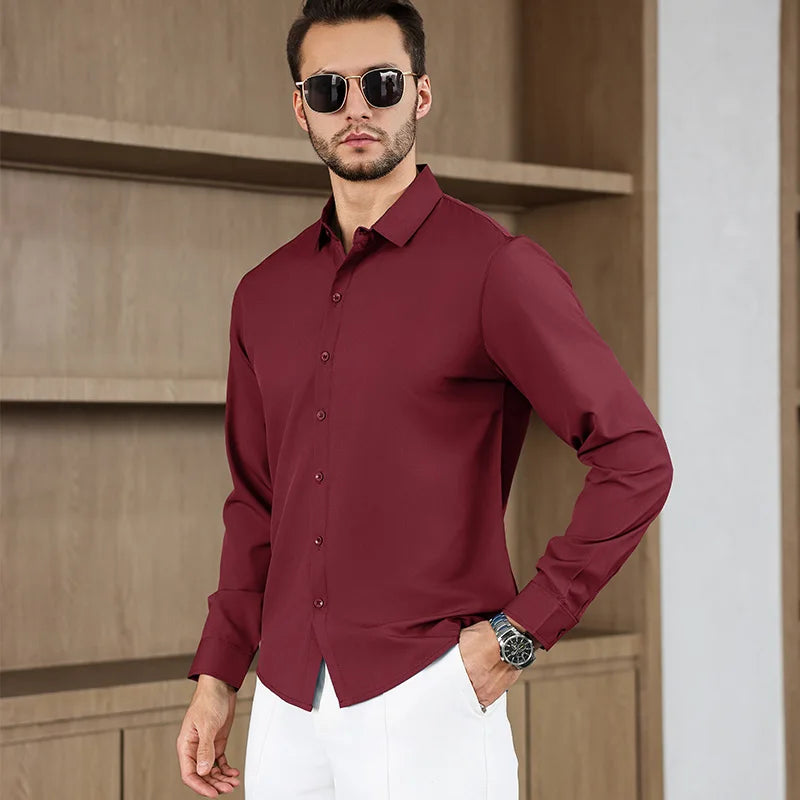 Camicia da uomo in tinta unita a maniche lunghe casual da lavoro nuova, resistente alle rughe, comoda e versatile per tutte le stagioni