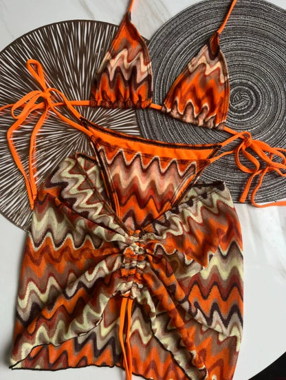 Costume da bagno donna Gonna bikini lavorata a maglia con foglie d'acero colorate Set tre pezzi Costume da bagno diviso Bikini
