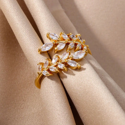 Anelli a foglia a doppio strato con zirconi di lusso per le donne Anello in acciaio inossidabile color oro Boho Coppia gioielli Accessori anelli mujer