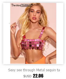 Top corto sexy con paillettes metalliche e scollo all'americana per donna, Estate 2026, trasparente e brillante, per abbigliamento da club e rave, top da spiaggia per feste, streetwear Y2K.