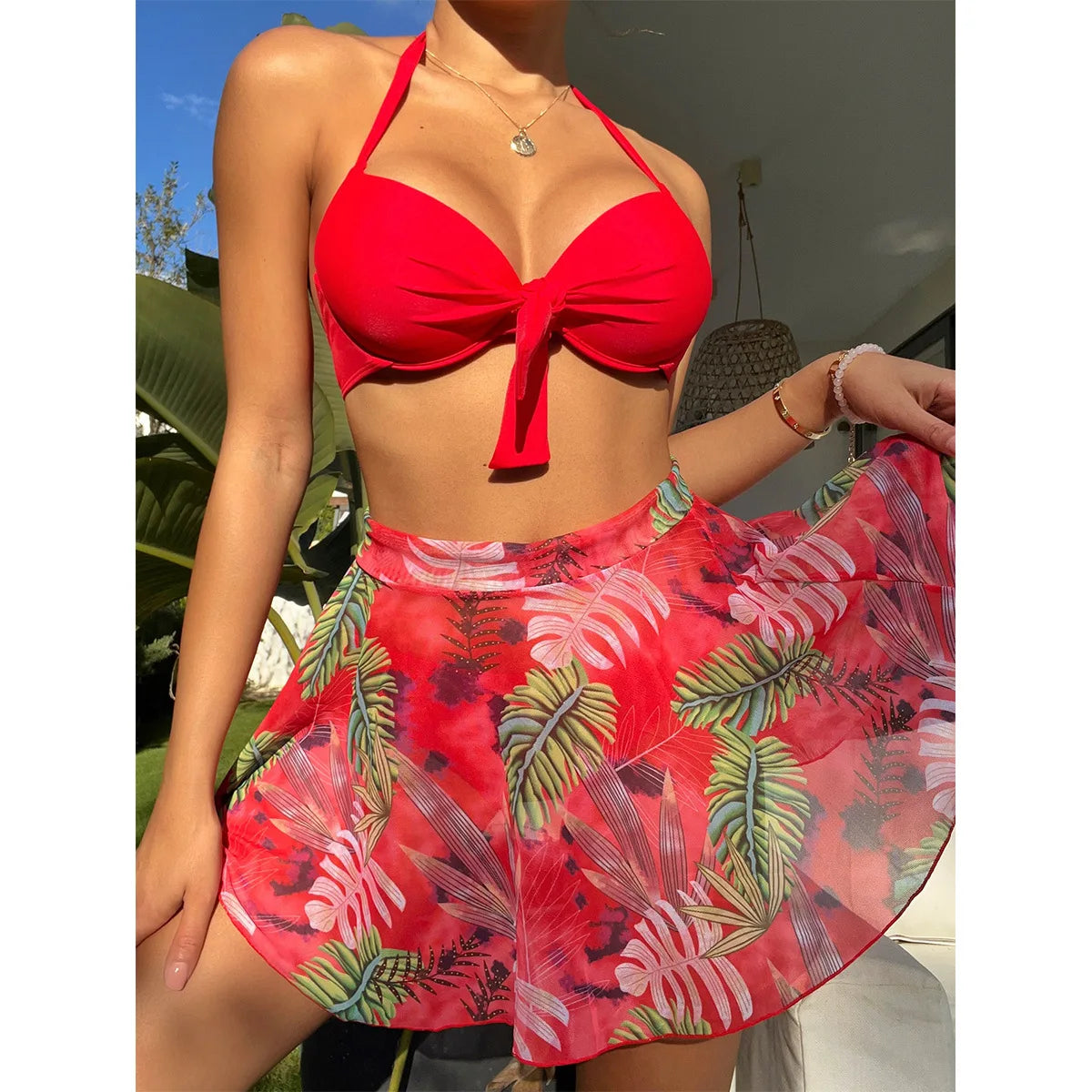 Cikini-Tropical-Print-Push-Up-Bikinis-Set für Damen, Badeanzug mit Strandrock, sexy Bademode, Sommer-Badeanzug