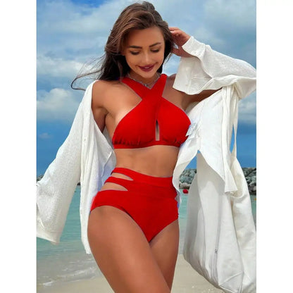 Cikini einfarbig Neckholder-Bikini-Set für den Urlaub und Badeshorts zweiteiliges Bikini-Set, Sommerstrand