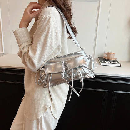 LEFTSIDE Borse a tracolla in pelle PU con design a doppia tasca per donna 2025 Borsa a tracolla di nuova tendenza della moda Borse da donna in argento