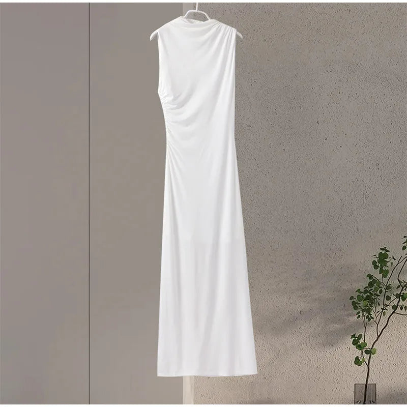 Abito da donna solido pieghettato O collo Slim Hip Package abiti lunghi da donna 2024 moda senza maniche Summer Evening Party abito femminile