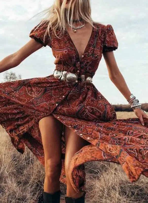 TEELYNN boho abito lungo Vintage 2023 stampa floreale Chiffon manica a tre quarti scollo a v estate Gypsy Hippie abiti da donna vestidos