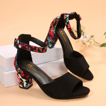 Nuovi sandali estivi con tacco spesso per donna Testa tonda Linea open-toe con tacco alto stampato antiscivolo resistente all'usura Bocca di pesce