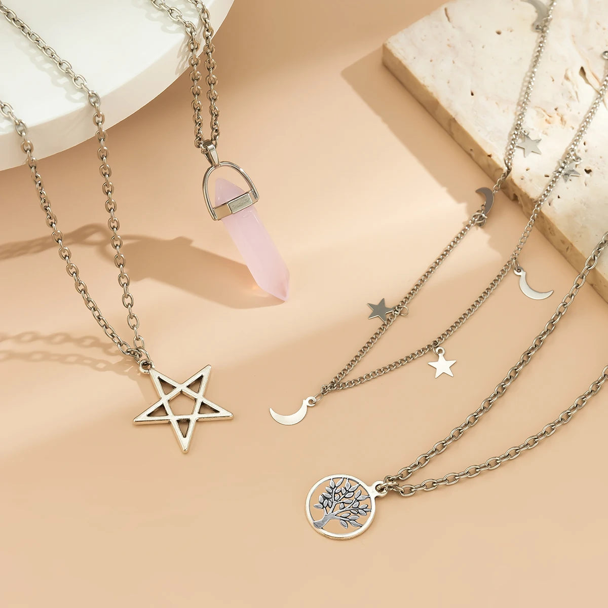 4 pezzi etnico rosa cristallo stella pentagramma ciondolo collana girocollo per le donne elegante luna nappa catena accessori gioielli per feste