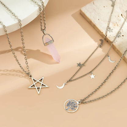4 pezzi etnico rosa cristallo stella pentagramma ciondolo collana girocollo per le donne elegante luna nappa catena accessori gioielli per feste