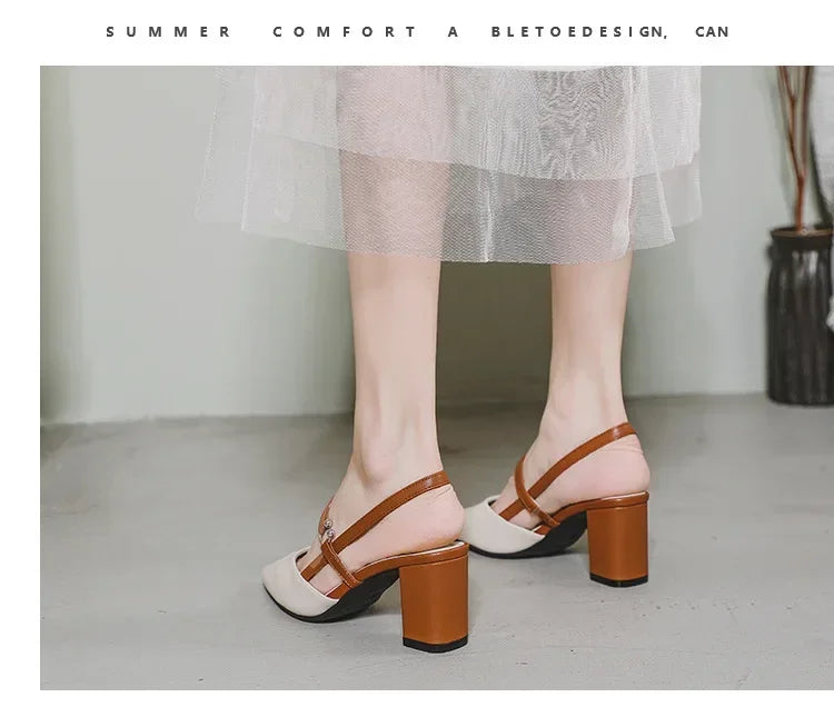 Scarpe per le pompe Estate Elegante Tacchi alti grossi Punta a punta Baotou Scarpe da donna solide Sandali femminili Zapatillas Mujer 2024