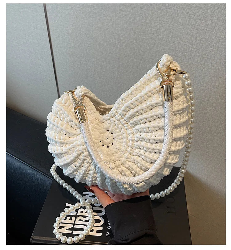 Borse a tracolla da donna all'uncinetto a forma di conchiglia creativa Divertenti catene di perle carine Borsa a tracolla in tessuto fatto a mano Novità piccole borse