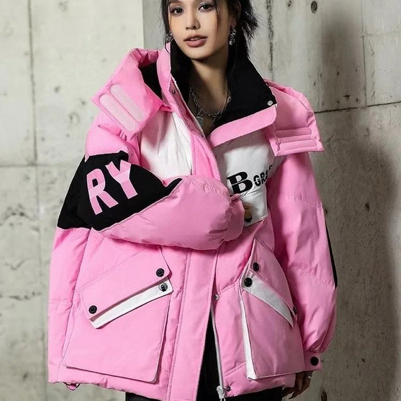 Caldo inverno piumino giacche donna Parka con cappuccio abbigliamento invernale cappotto da neve Casual spessa piumino corto brillante Streetwear