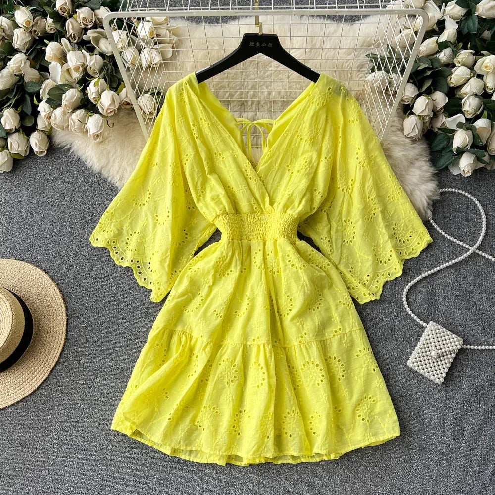 Bianco/Viola/Blu Scollo a V Estate Nuovo Abito ricamato in pizzo Donna Abiti a maniche corte Abiti longuette da spiaggia per feste vintage femminili