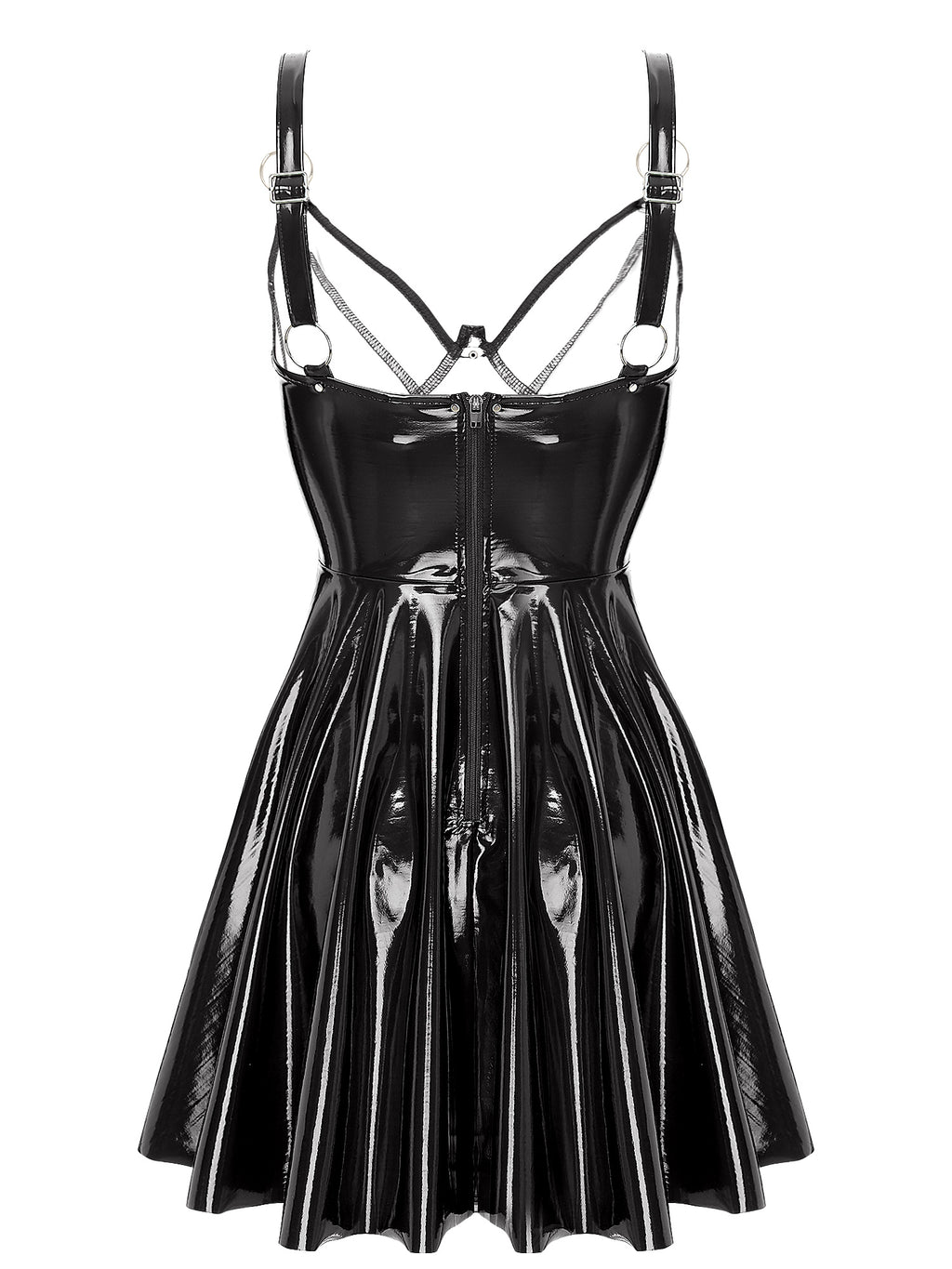 Abito sottoveste in pelle verniciata Sexy effetto bagnato da donna O-Ring rivetti con spalline scollo a V Punk gotico a-line Mini abiti Rave Party Clubwear