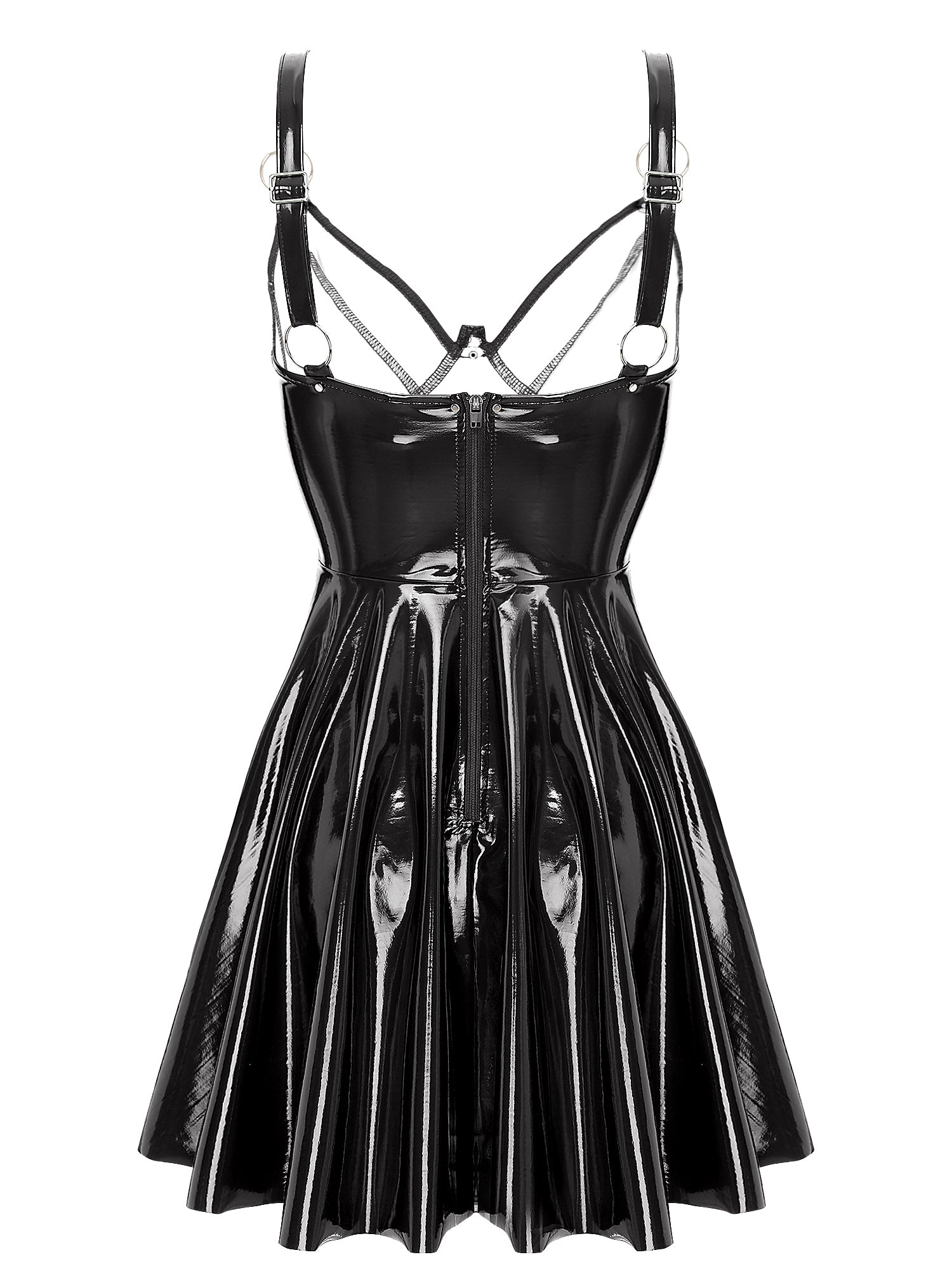 Abito sottoveste in pelle verniciata Sexy effetto bagnato da donna O-Ring rivetti con spalline scollo a V Punk gotico a-line Mini abiti Rave Party Clubwear
