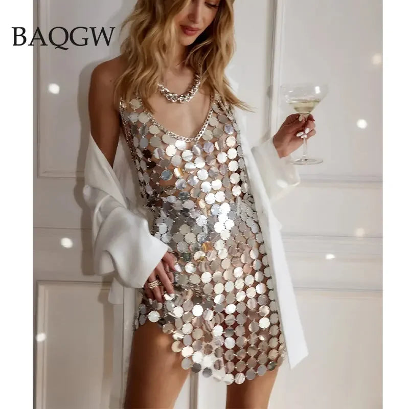 Mini abiti da donna alla moda senza maniche sexy senza schienale glitterato nero oro cotta di maglia con paillettes patchwork abito Diana Silver Disc