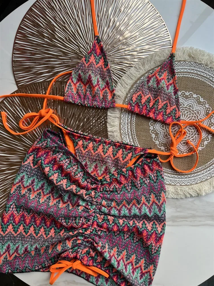 Damen-Badeanzug, bunte Ahornblätter, gestrickter Bikinirock, dreiteiliges Set, geteilter Badeanzug, Bikini, sexy Biquini, Badeanzug