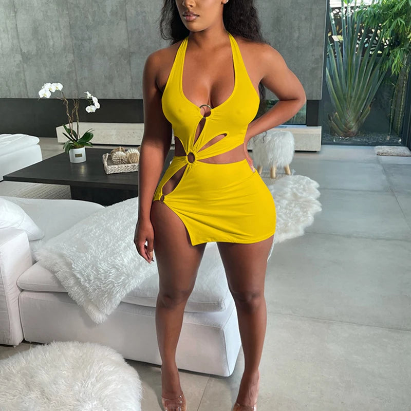 Robes d'été femme 2022, robe moulante sexy mini élastique évidée taille haute, élégante sans manches orange pour club de soirée