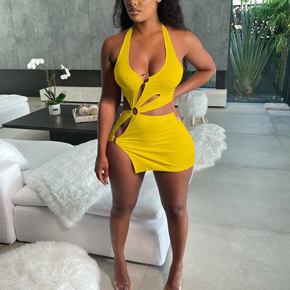 Robes d'été femme 2022, robe moulante sexy mini élastique évidée taille haute, élégante sans manches orange pour club de soirée