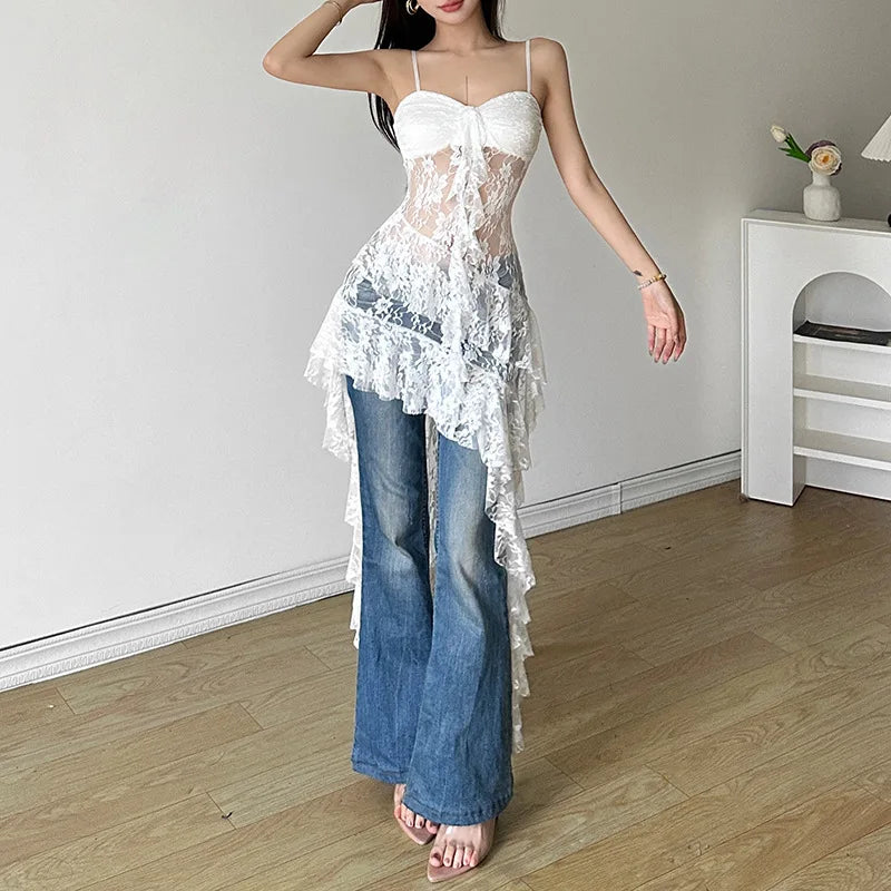 SINGREINY Abito lungo irregolare in pizzo da donna Camis Tubino Sensuale Abito trasparente Moda Streetwear Scava fuori Ruffles Abiti sexy
