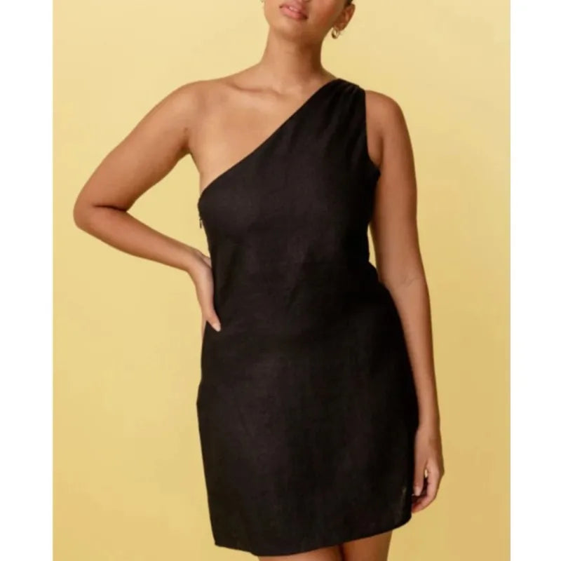 Summer Sexy Women Fashion Solid Mini Dress One-shoulder Asymmetric Diagonal Collar Cotton And Linen Casual Loose Elegant Dress